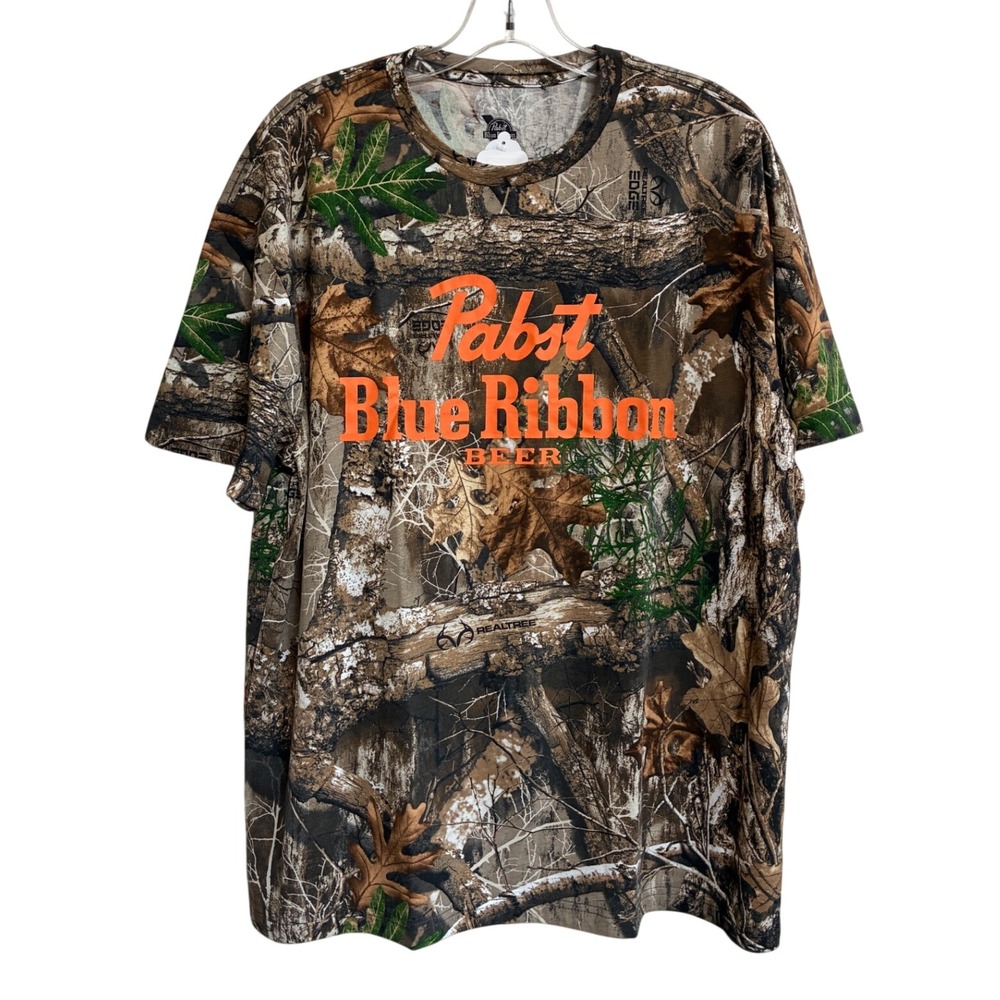 Pabst Blue Ribbon PBR Realtree Camo Graphic T-Shirt Orange Logo Mens
